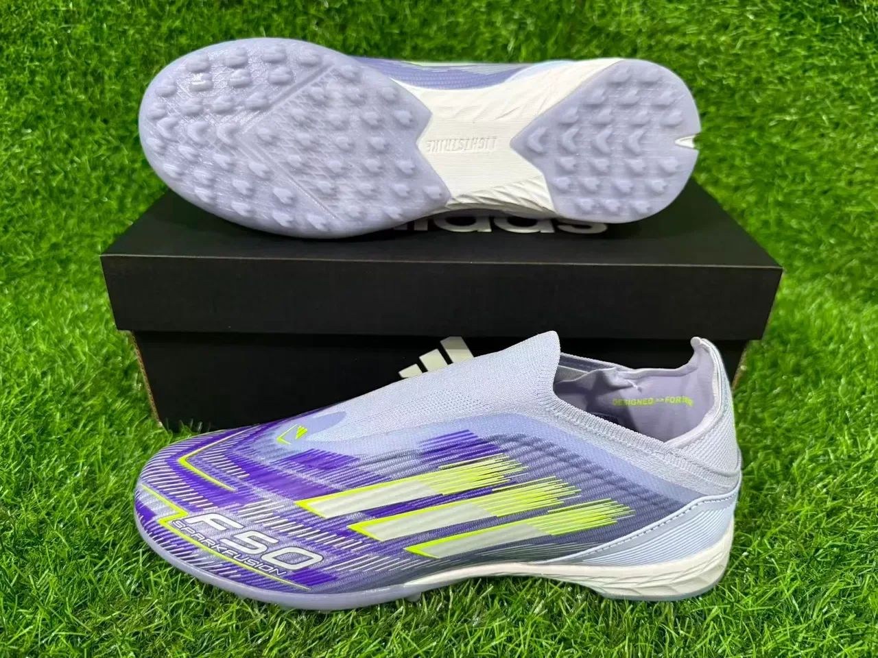 Adidas F50 Sparkfusion Light Gray Purple Neon Lime أحذية كرة القدم للعشب الاصطناعي 6