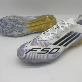 Adidas F50 Blanc Or Upper Synthétique Motif de Ligne Dégradé Violet Chaussures de Football pour Terrain Firme
