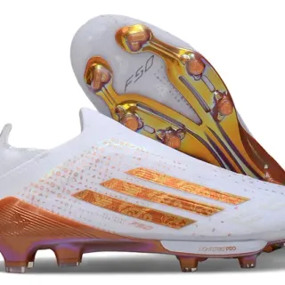 Adidas F50 Blanc Orange Chaussures de football coupe basse tige chaussette superpositions graphiques iridescentes terrain ferme