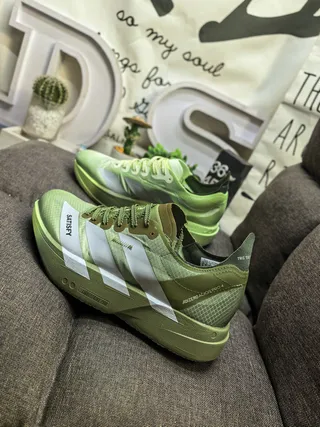 Adidas Green Silver Lightweight Racing Silhouette Mesh And Synthetic Overlay Construction Running Shoes 7