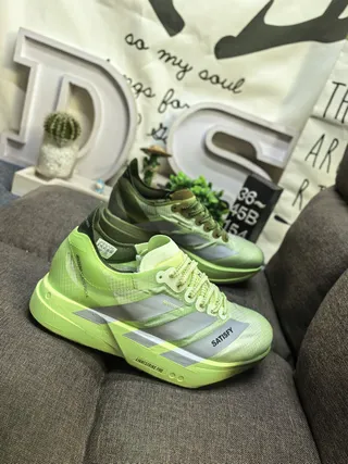 Adidas Green Silver Lightweight Racing Silhouette Mesh And Synthetic Overlay Construction Running Shoes 9