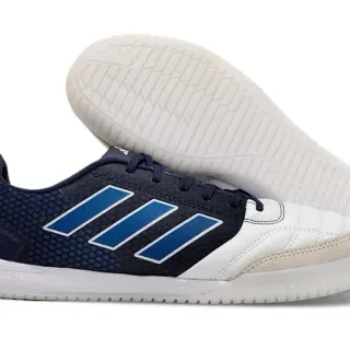 Adidas أحذية كرة القدم الداخلية من الجلد مع رأس الإصبع المخيط بلون أزرق بحري أبيض low-top