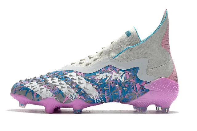 Adidas Zapatos de fútbol rosa multicolor con cuello alto de ajuste tipo calcetín, jaula de púas moldeada, para terreno firme 5