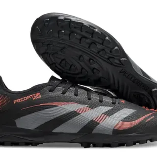 Adidas Predator Noir Gris Low-Cut Supérieur Synthétique Overlay Graphique à Trois Rayures Chaussures de Football pour Gazon