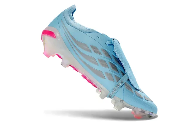 Adidas Predator أحذية كرة قدم أزرق وردي بدون أربطة إغلاق بحزام قفص كعب متوهج أرضية صلبة 2