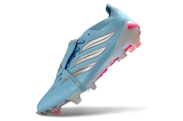 Adidas Predator أحذية كرة قدم أزرق وردي بدون أربطة إغلاق بحزام قفص كعب متوهج أرضية صلبة 3