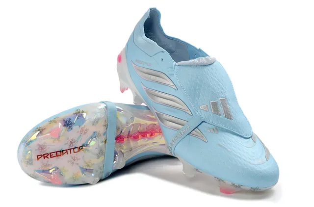 Adidas Predator أحذية كرة قدم أزرق وردي بدون أربطة إغلاق بحزام قفص كعب متوهج أرضية صلبة 4
