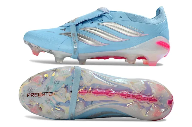 Adidas Predator أحذية كرة قدم أزرق وردي بدون أربطة إغلاق بحزام قفص كعب متوهج أرضية صلبة 6