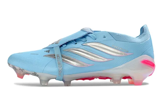 Adidas Predator أحذية كرة قدم أزرق وردي بدون أربطة إغلاق بحزام قفص كعب متوهج أرضية صلبة 7