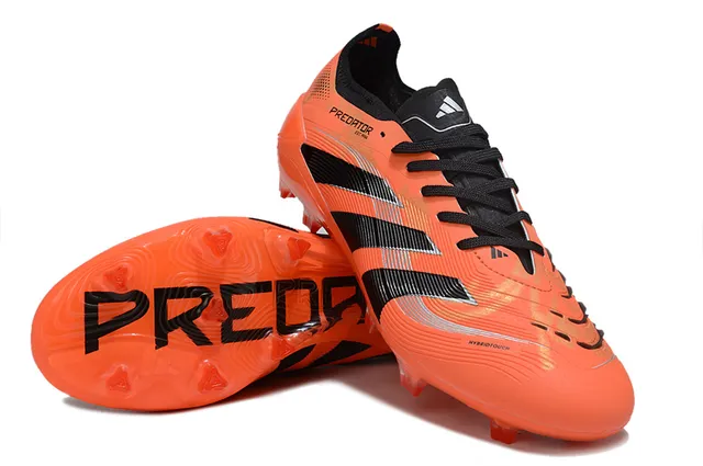 Adidas Predator Chaussures de football orange noir à coupe basse avec empeigne synthétique, trois bandes sur terrain ferme 4