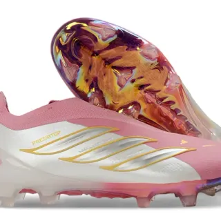 Adidas Predator rose blanc bas coupe tige synthétique talon iridescent holographique terrain ferme chaussures de football