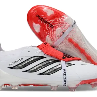 Adidas Predator Blanc Rouge Sans Lacets Fermeture Sangle Trois Bandes Noires Terrain Firme Chaussures de Football