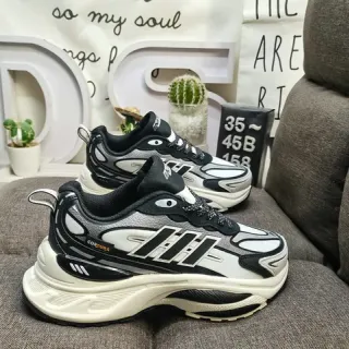 Adidas أبيض أسود كعب منصة غير متماثل تراكب ثلاث شرائط حذاء سميك