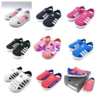 Adidas White Pink Perforated Synthetic Upper Three-Stripe T-Strap Casual Sandals