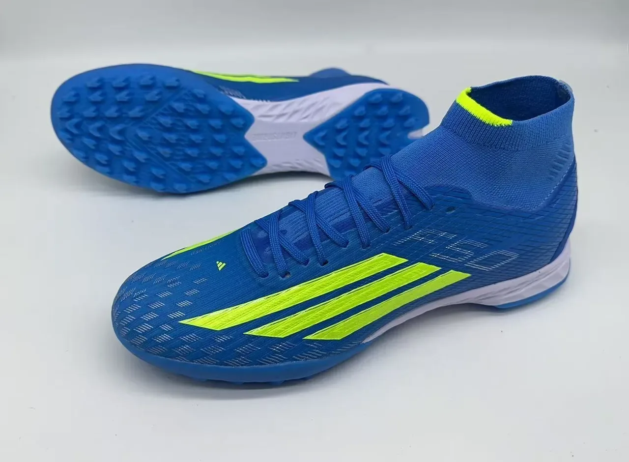 Adidas X Azul Amarelo Alto Corte Colar de Meia Ajustado Sintético Texturizado Superior Sapatos de Futebol para Relva 10
