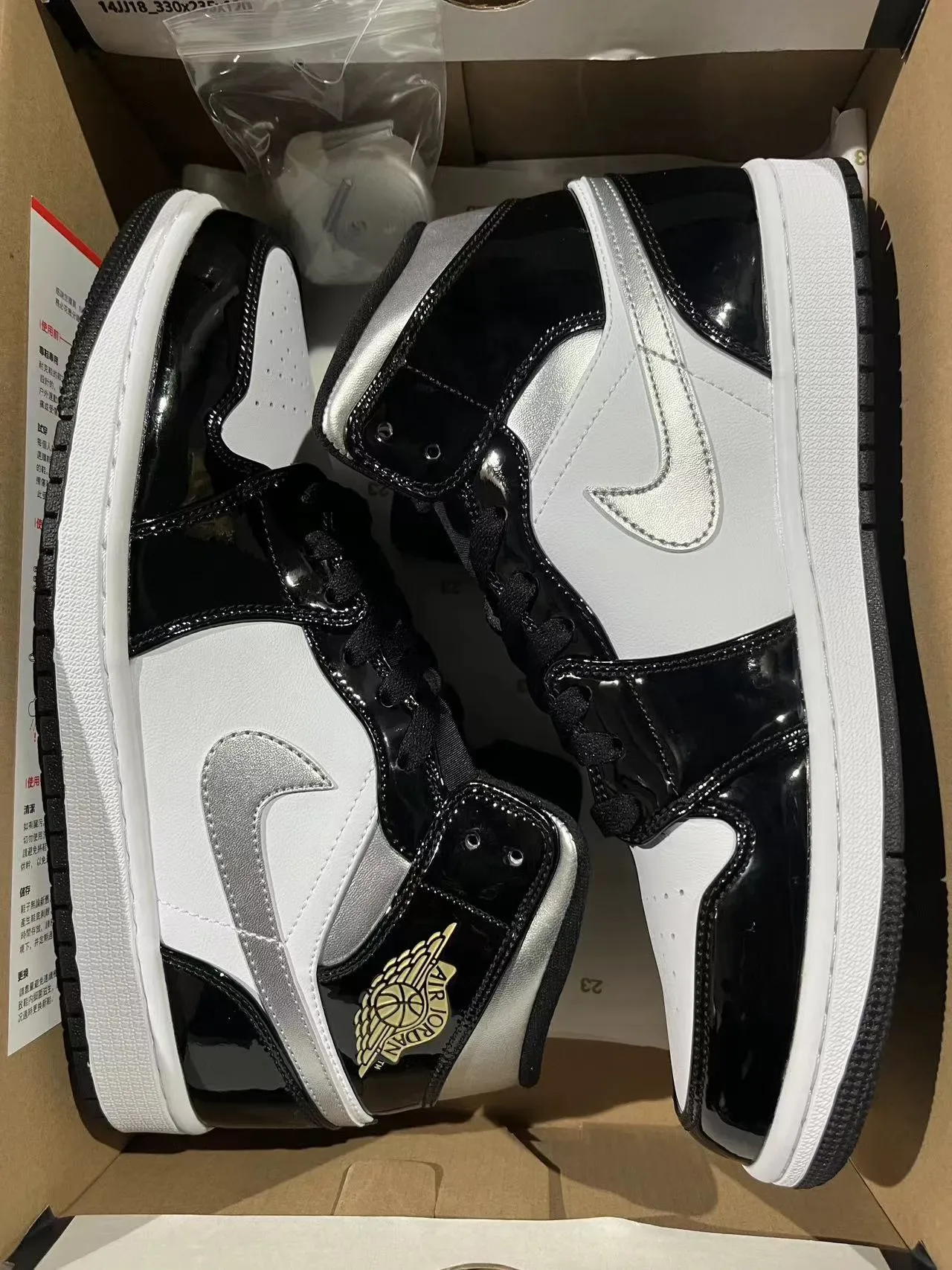 Air Jordan 1 High Preto Brilhante Branco Prata Metálica Tênis de Basquete 8