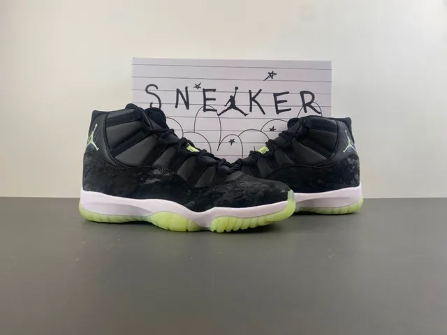Air Jordan 11 Marbled Black Translucent Lime Green Tênis de Basquete 13