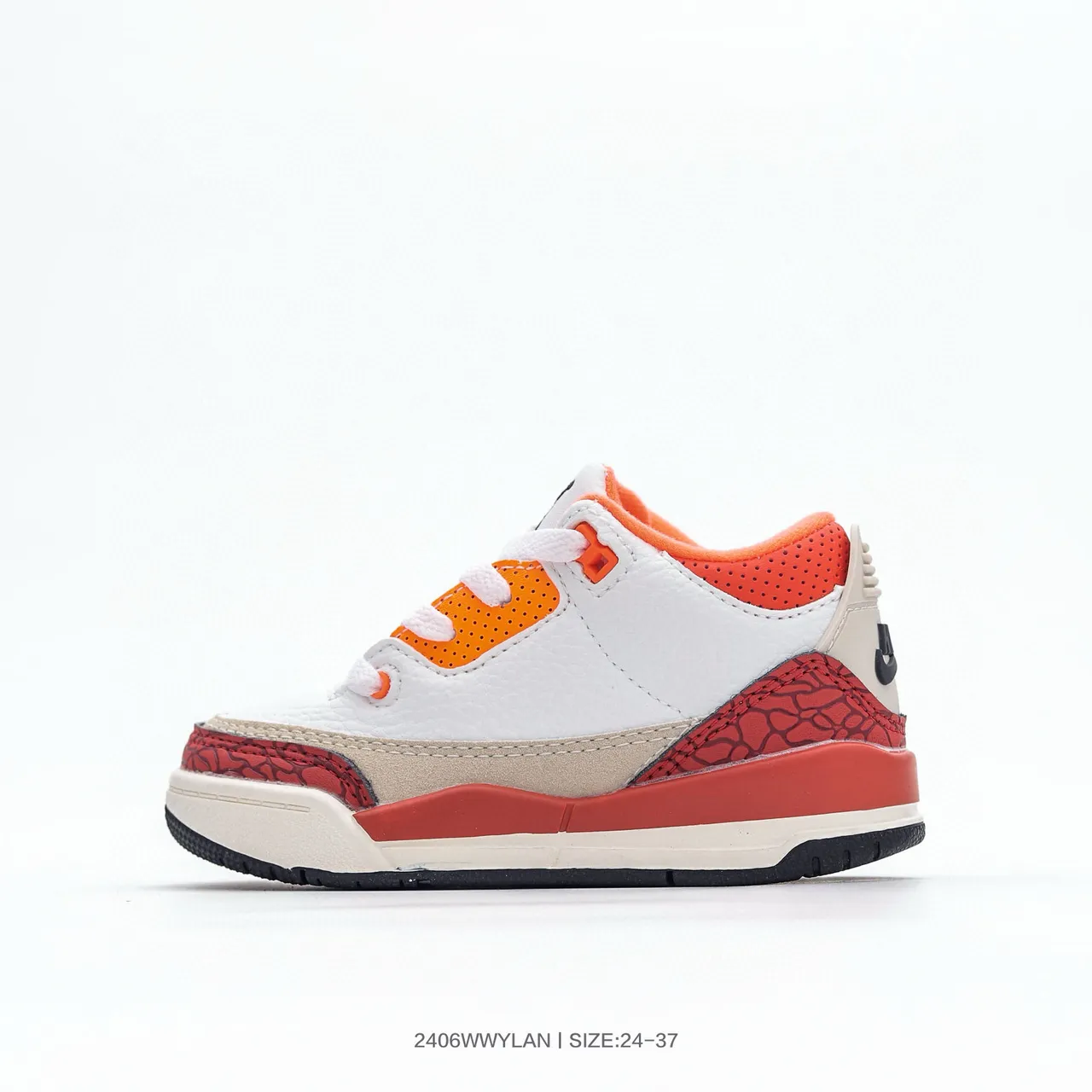 حذاء كرة السلة Air Jordan 3 للأطفال بلون أبيض وبرتقالي بنقشة الفيل 3
