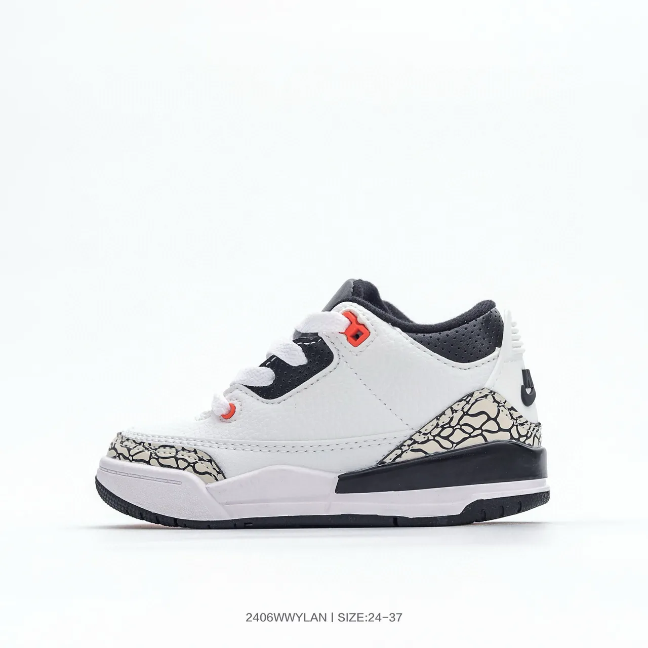 حذاء كرة السلة Air Jordan 3 للأطفال بلون أبيض وبرتقالي بنقشة الفيل 5