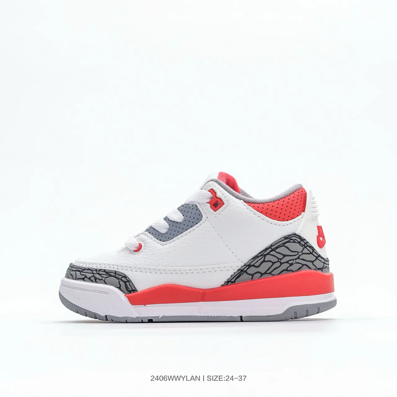 حذاء كرة السلة Air Jordan 3 للأطفال بلون أبيض وبرتقالي بنقشة الفيل 12
