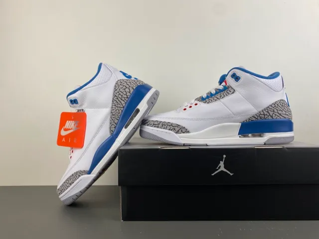 Chaussures de basketball Air Jordan 3 blanc et bleu royal à motif éléphant 14