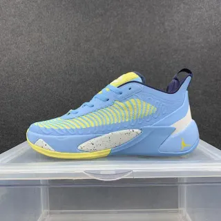 Air Jordan 37 নীল হলুদ রিবড ওয়েভ-প্যাটার্ন ওভারলে স্পেকल्ड সাদা মিডসোল ইনসার্ট বাস্কেটবল জুতো