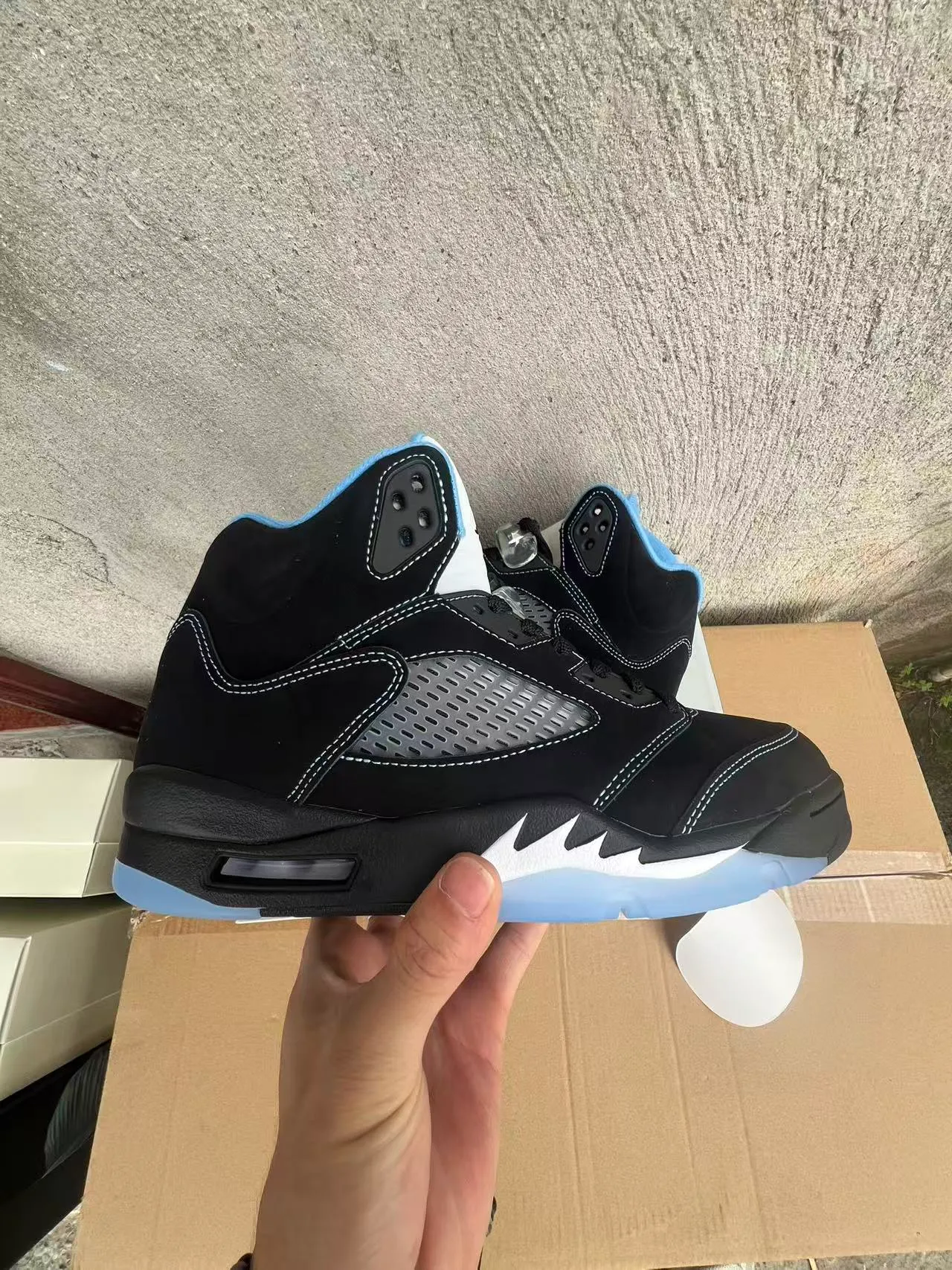 Zapatillas de baloncesto Air Jordan 5 negro azul claro blanco 7