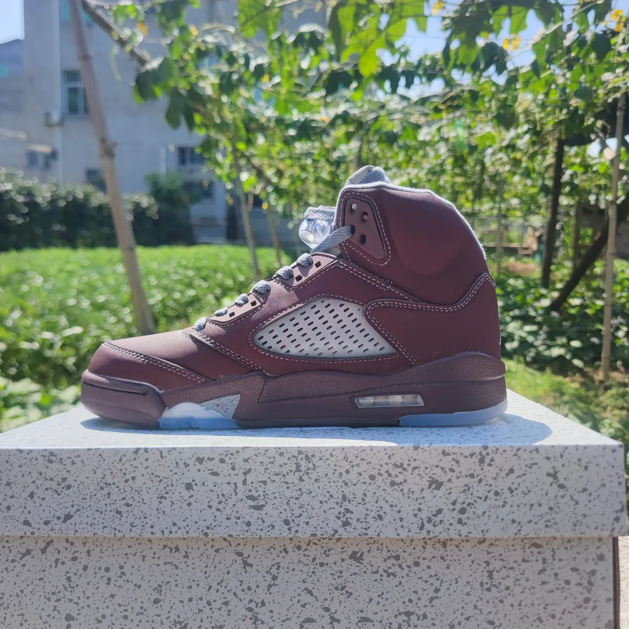 Zapatillas de baloncesto Air Jordan 5 de malla perforada en burdeos y blanco 3