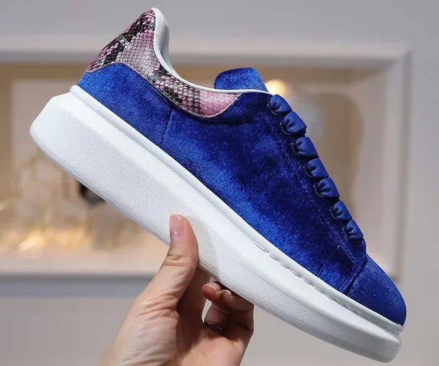 Alexander McQueen Oversized Sneaker Blue White Velvet Upper Snakeskin Heel Tab Lifestyle Sneakers 2
