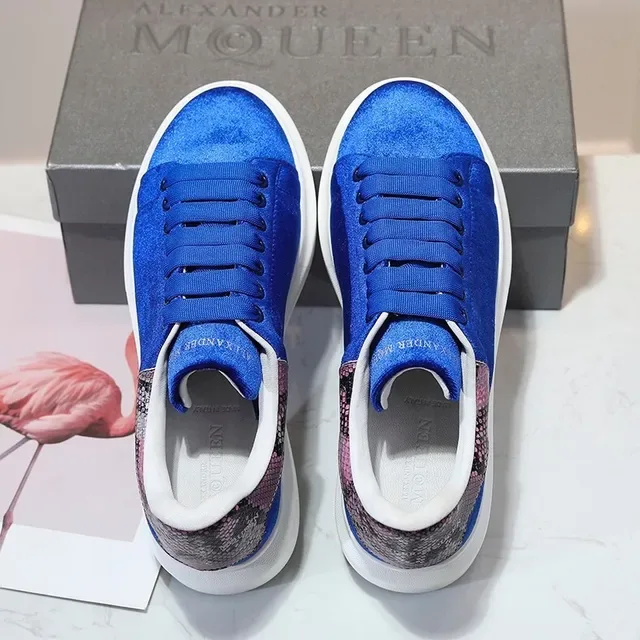 Alexander McQueen Oversized Sneaker Blue White Velvet Upper Snakeskin Heel Tab Lifestyle Sneakers 4