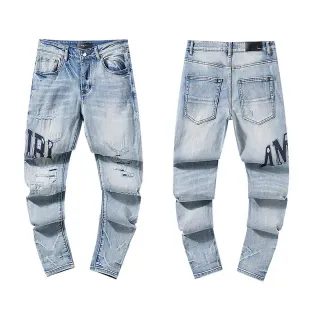 Amiri Blue Black Distressed Embroidered Logo Jeans
