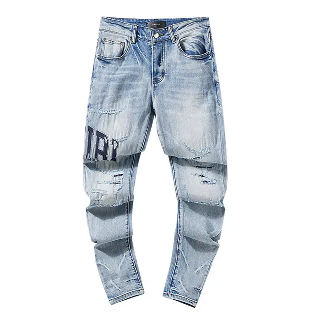 Amiri Blue Black Distressed Embroidered Logo Jeans 2