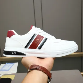 Armani Exchange White Burgundy Leather Upper Black Striped Side Panel Sneakers