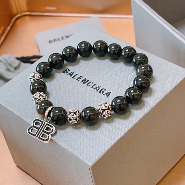 Balenciaga Double-B 吊坠手链 黑色银色 珠串字母图案手链 2