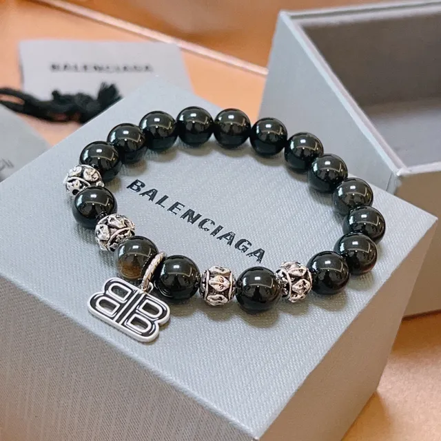 Balenciaga Double-B 吊坠手链 黑色银色 珠串字母图案手链 6