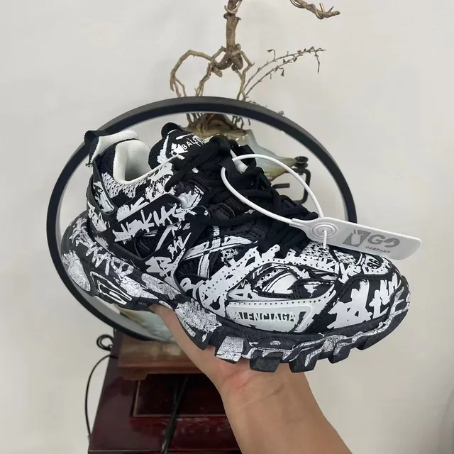 Balenciaga Runner Graffiti-Print Black and White Chunky Sneakers 7