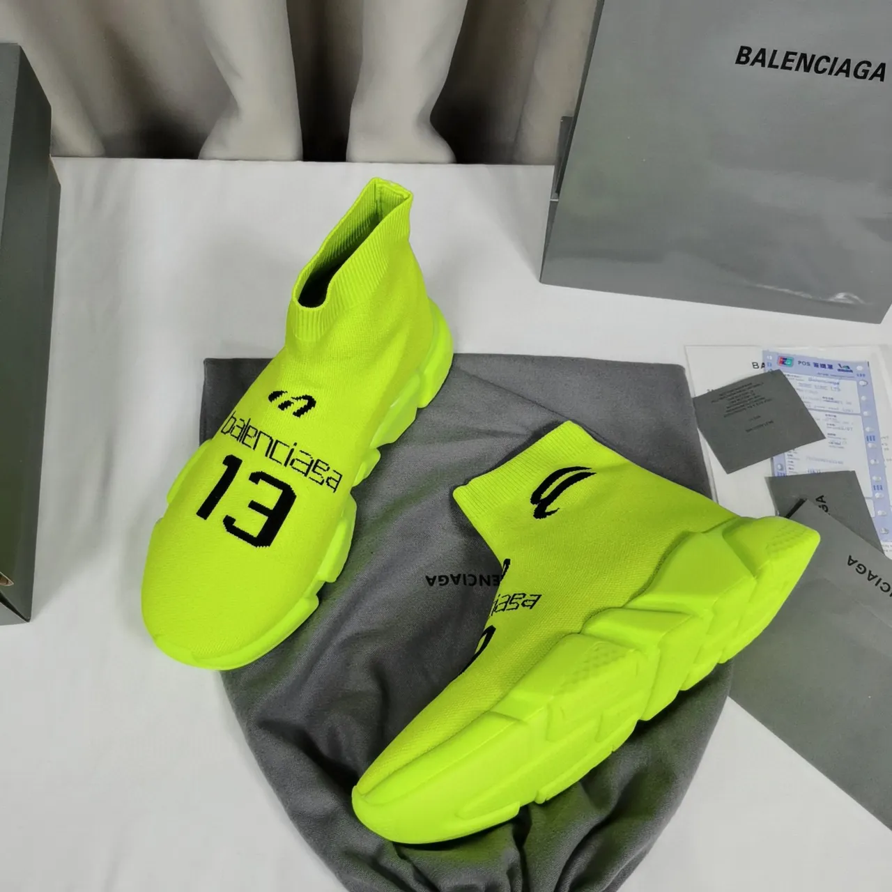 Balenciaga Speed Trainer Neon Lime Knit sneakers lifestyle 2