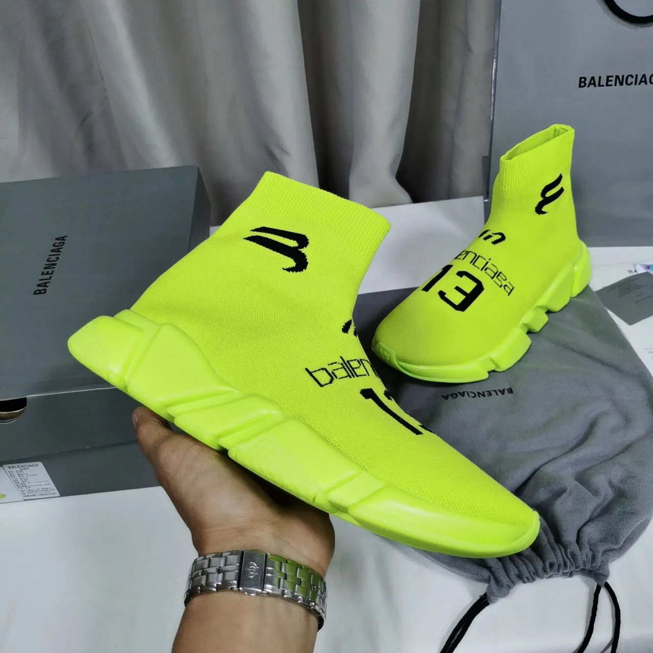 Balenciaga Speed Trainer Neon Lime Knit sneakers lifestyle 3