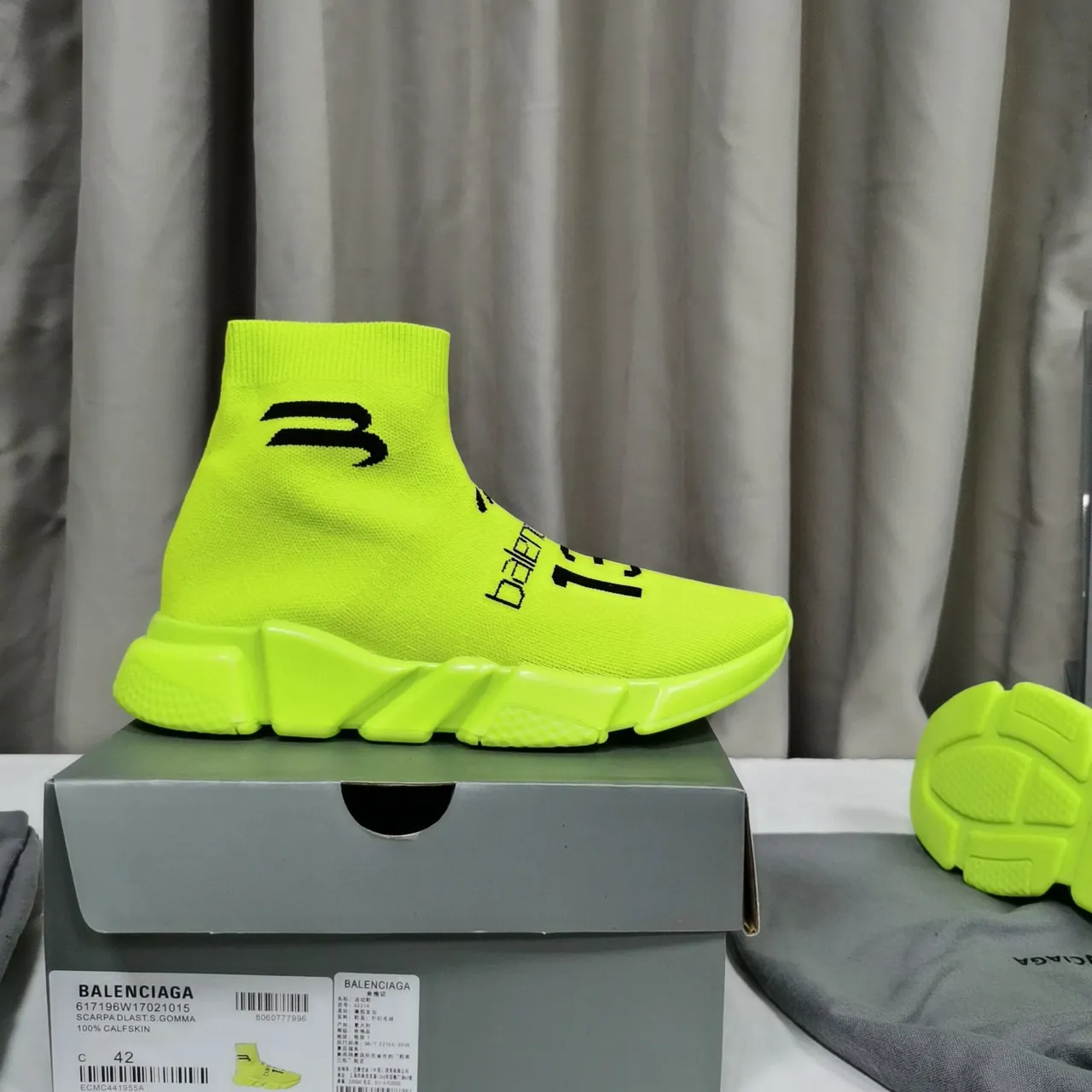 Balenciaga Speed Trainer Neon Lime Knit sneakers lifestyle 4