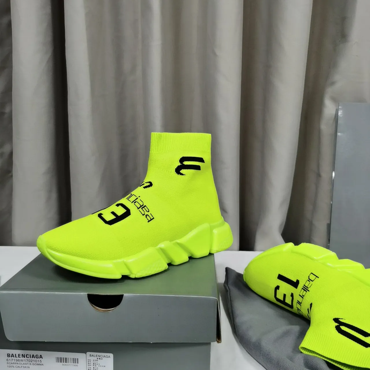 Balenciaga Speed Trainer Neon Lime Knit sneakers lifestyle 5