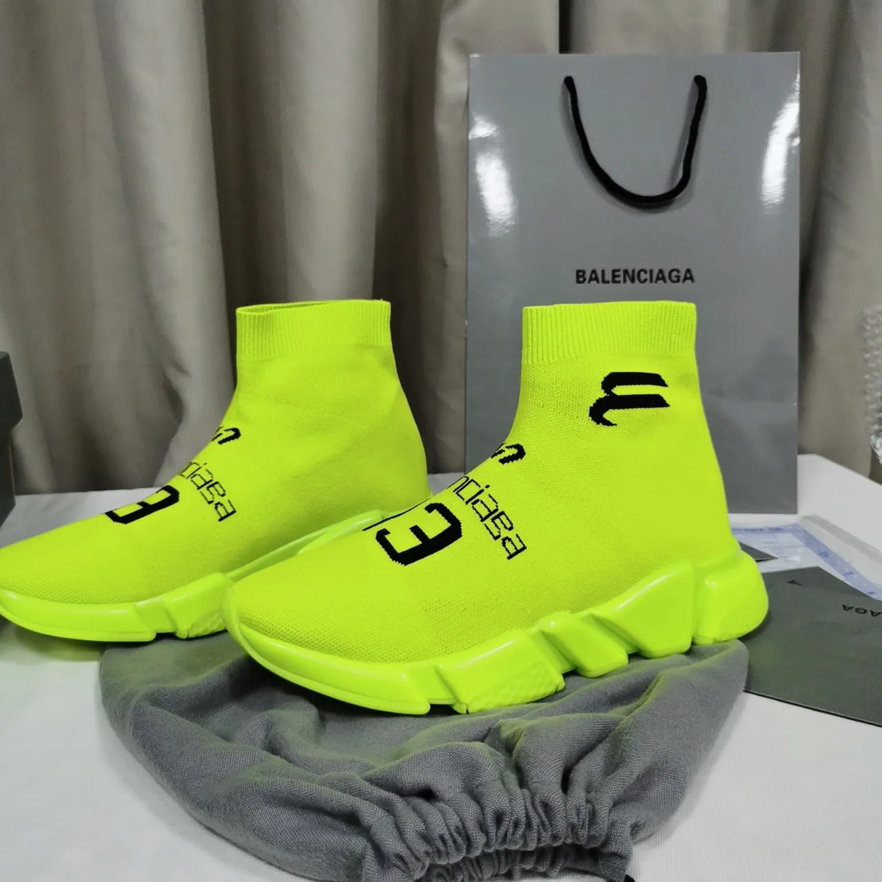 Balenciaga Speed Trainer Neon Lime Knit sneakers lifestyle 6