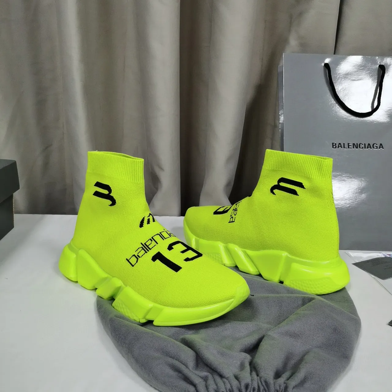 Balenciaga Speed Trainer Neon Lime Knit sneakers lifestyle 8