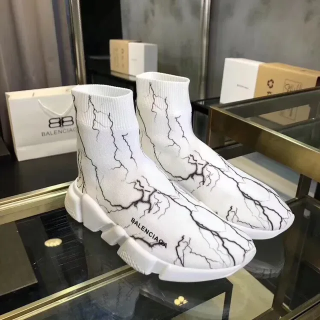 Balenciaga Speed Trainer White Black Crackle Marble Lifestyle Sneakers 3