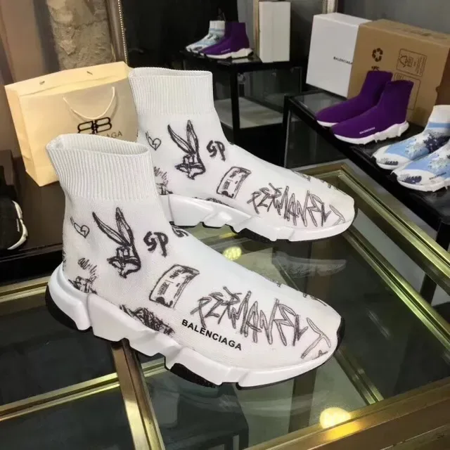 Balenciaga Speed Trainer White Graffiti-Print Laceless Lifestyle Sneakers 4