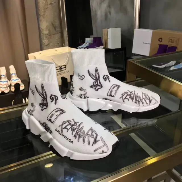 Balenciaga Speed Trainer White Graffiti-Print Laceless Lifestyle Sneakers 5