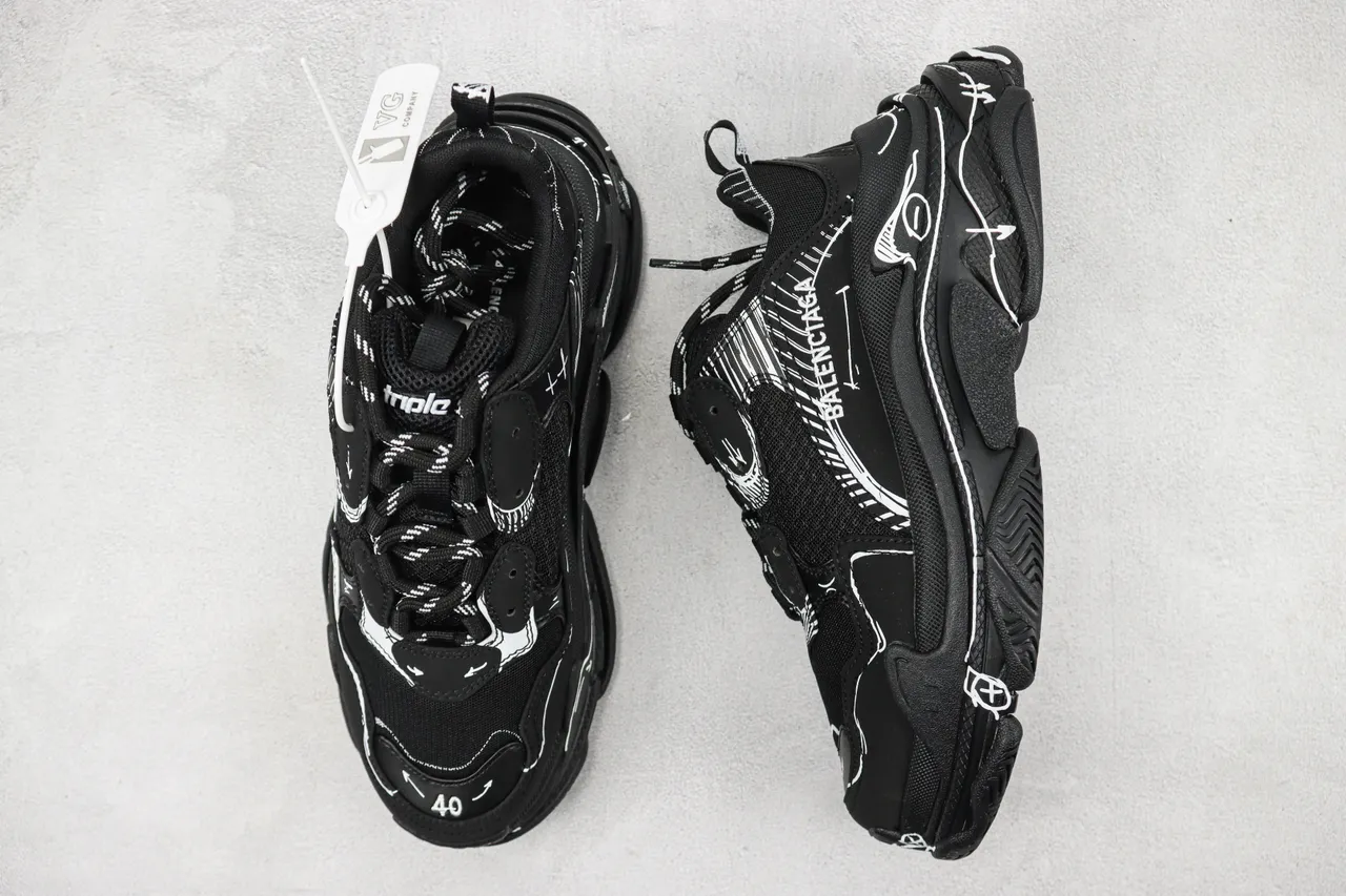Balenciaga Track أسود أبيض نعل oversized خطوط فنية أحذية chunky 3