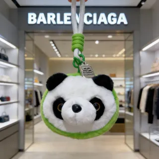 Balenciaga White Green Plush Panda Head Circular Silhouette Handbag