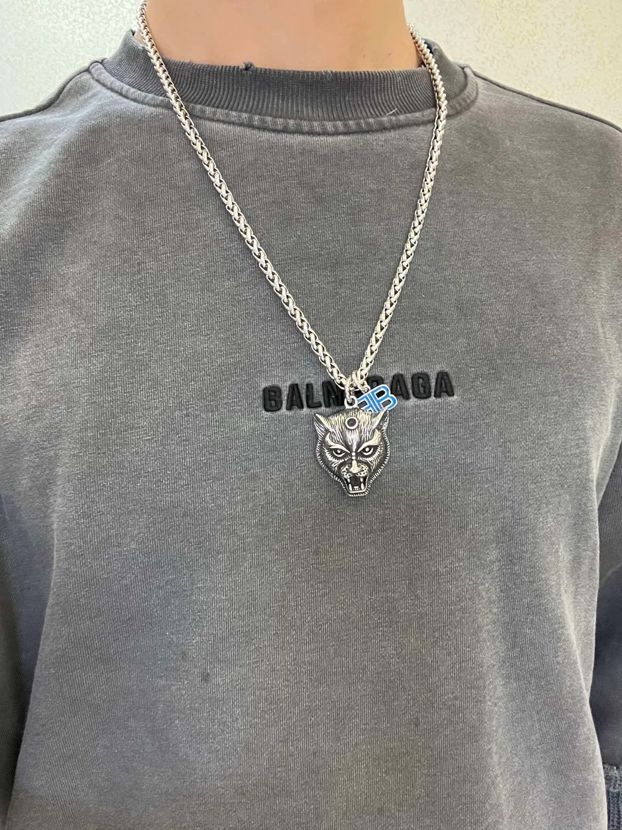 Balenciaga Wolf Head Necklace Silver Blue Chunky Braided Chain Sculpted Pendant Necklace 6