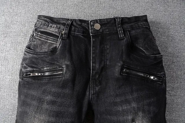 Balmain Pantalon Jean Distressed Noir Style Moto avec Poches à Zipper 7