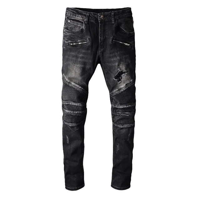 Balmain Pantalon Jean Distressed Noir Style Moto avec Poches à Zipper 8